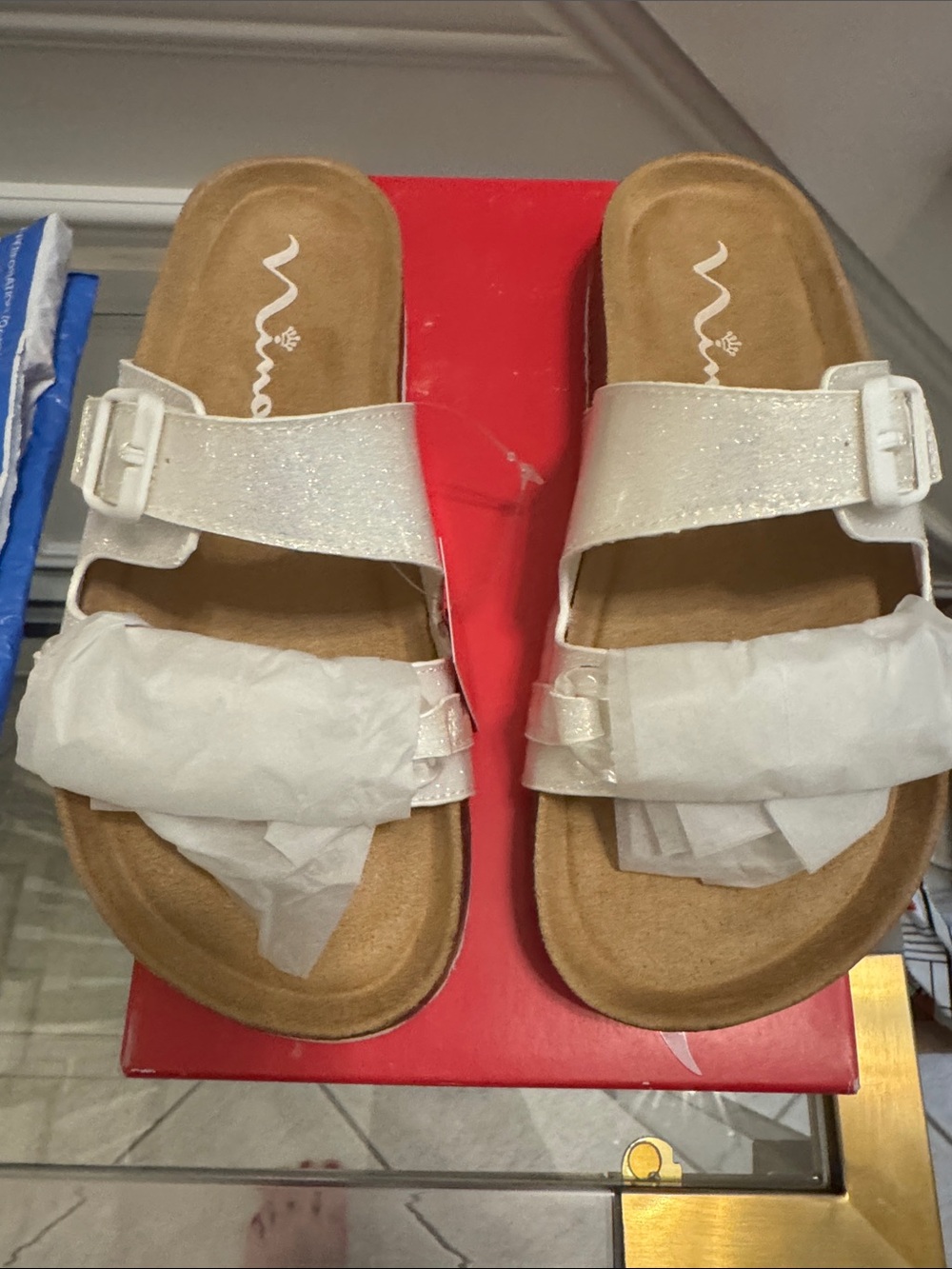 Nina Talafega Sparkle White Double Buckle Slide Sandals white size 3